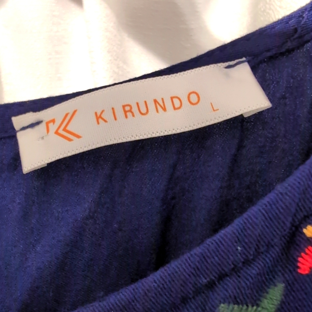 Kirundo Navy Embroidered Floral Dress Bell Sleeves Large‎ Boho Y2K Hippie - Picture 6 of 8